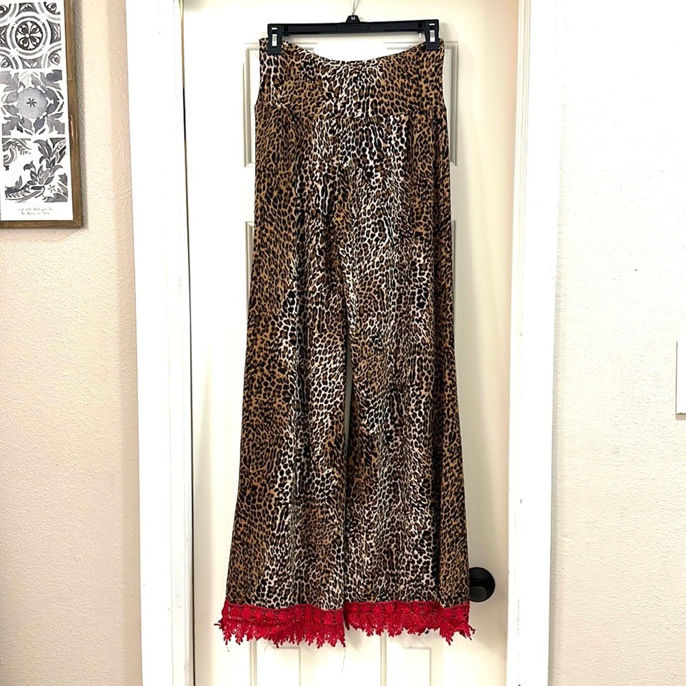 Crazy Train Cheetah Print Bellbottom Pants with Red Trim